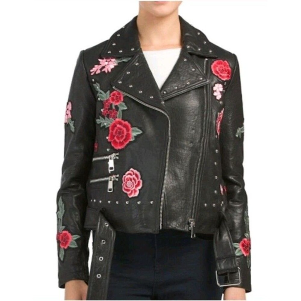 Belle Vere Moto Biker Black  Leather Floral Embroidered Studded Jacket Size XS